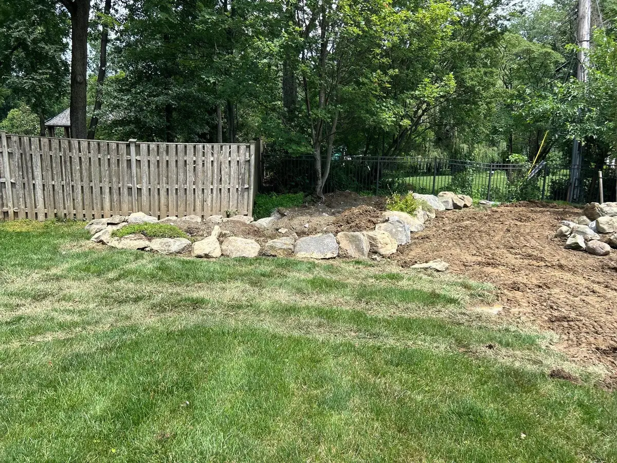 Pond edge with subtle nighttime lighting