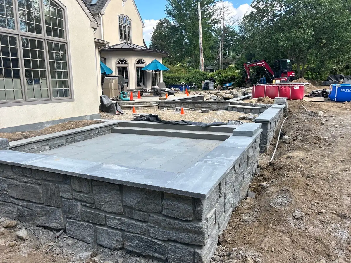 Completed waterfall with layered natural stone