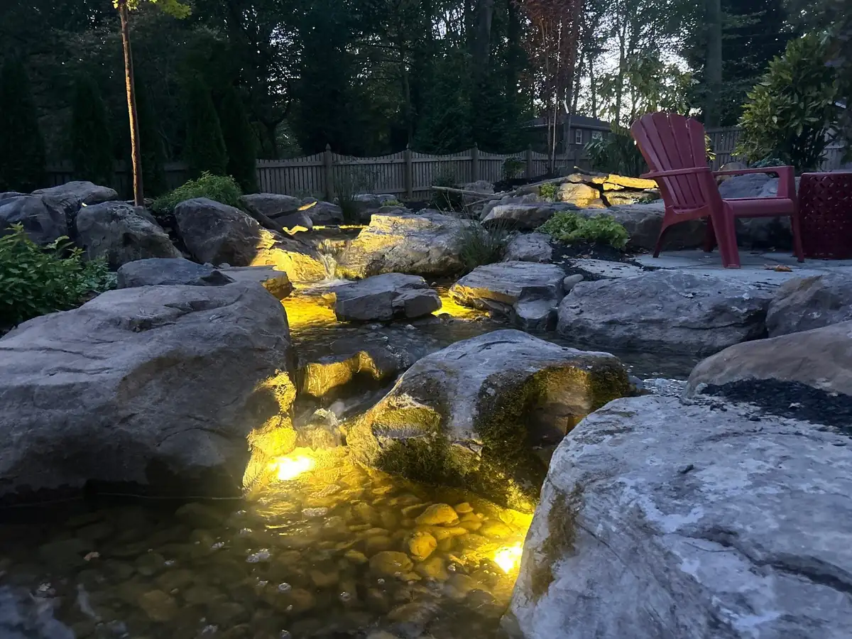 Layered backyard waterfall and stonework in Delaware